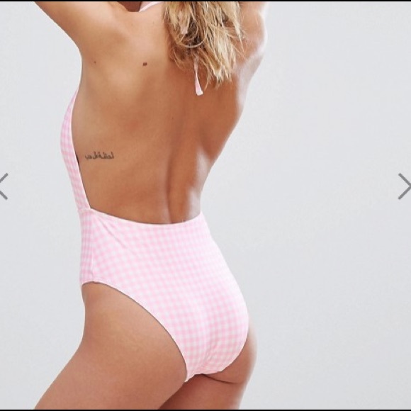 ASOS pink gingham plunge bathing suit - Picture 2 of 3